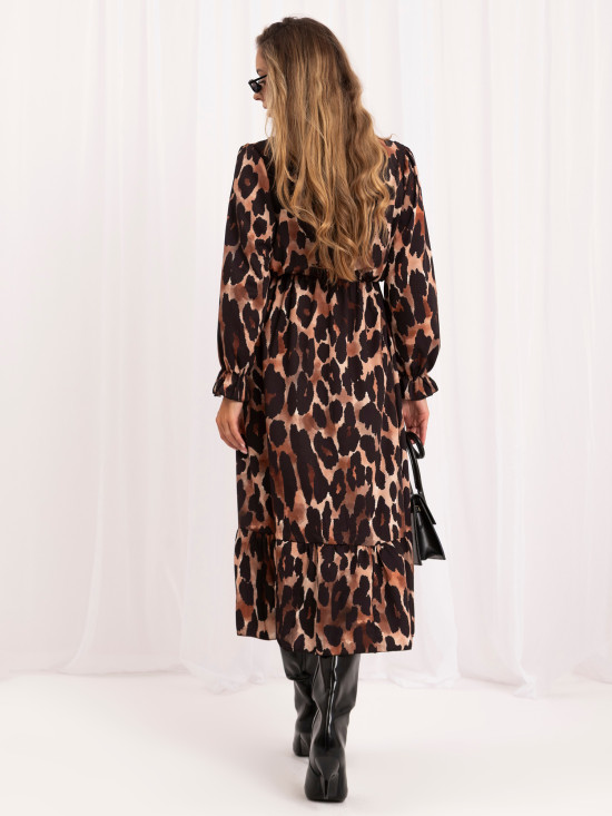 Schwarz-braunes Midi-Kleid mit Print und Volant