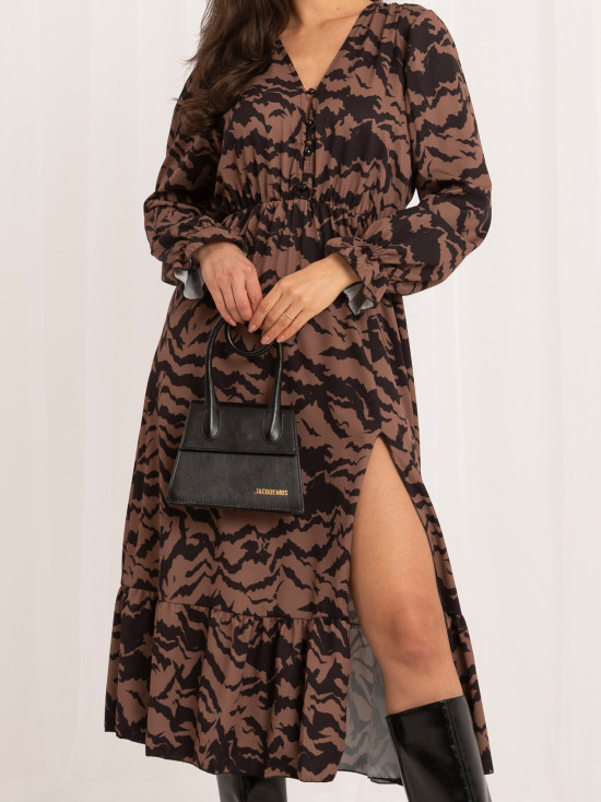 Schwarzes Midi-Kleid mit Print und Volant