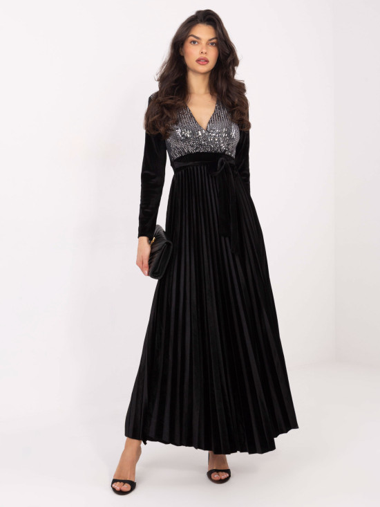 Schwarzes Maxi-Kleid mit Gürtel und Pailletten
