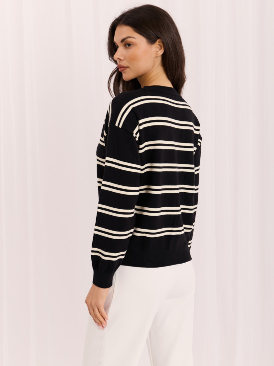 Schwarzer gestreifter Pullover mit Rundhalsausschnitt