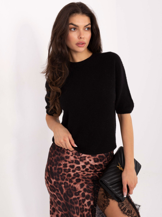 Schwarzer Kurzarm-Pullover mit Rundhalsausschnitt