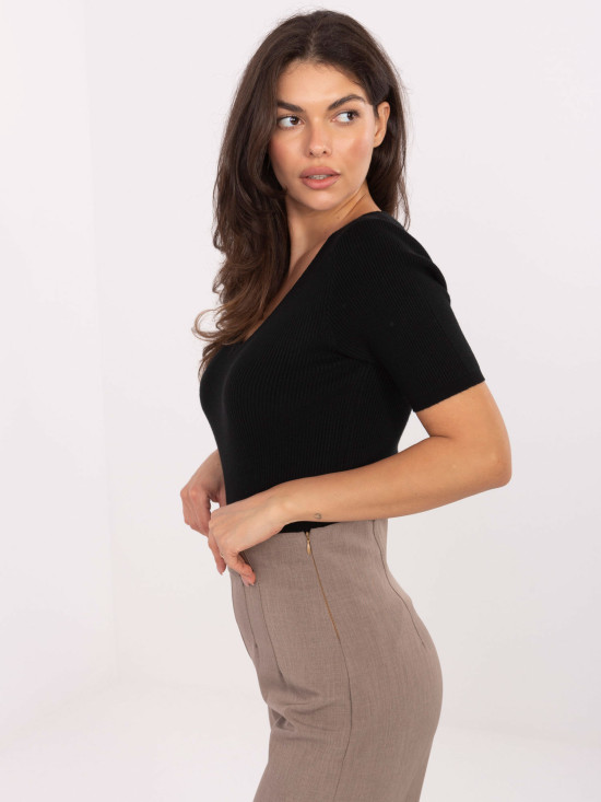 Schwarzer Rippstrickpullover mit kurzem Ärmel und V-Ausschnitt