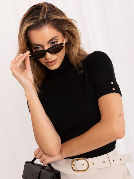 Eleganter schwarzer Pullover mit kurzem Ärmel und Rollkragen