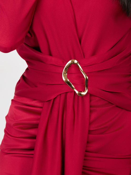 Elegantes rotes Maxi-Kleid mit langen Ärmeln und Wickelausschnitt