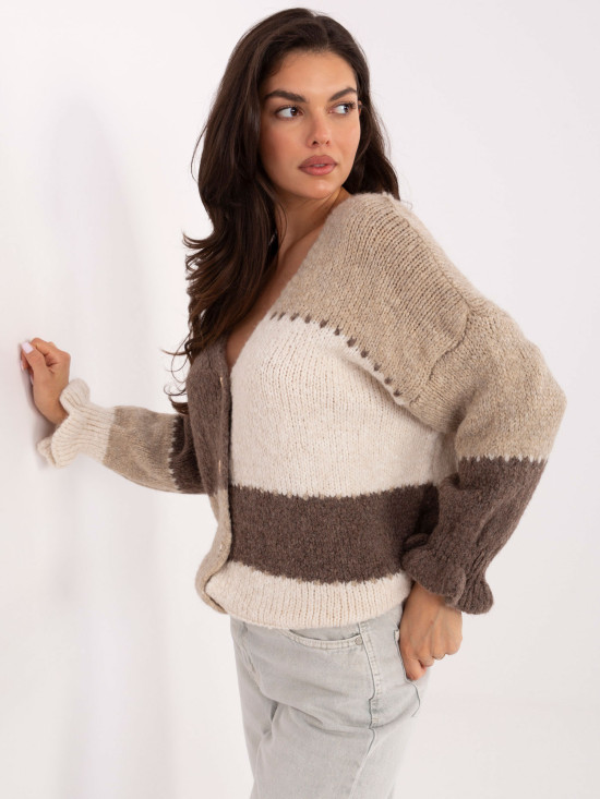 Beiger gestreifter Strickpullover mit Volant und V-Ausschnitt