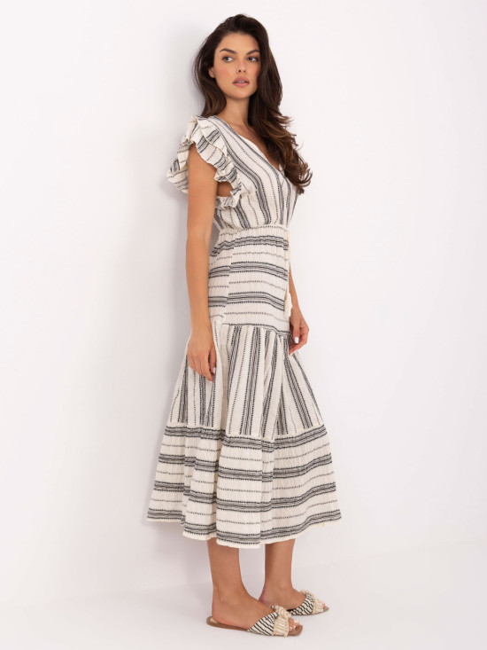 Weiß-schwarzes ausgestelltes Kleid mit V-Ausschnitt