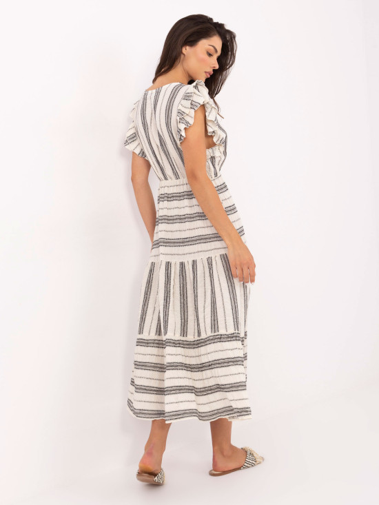 Weiß-schwarzes ausgestelltes Kleid mit V-Ausschnitt