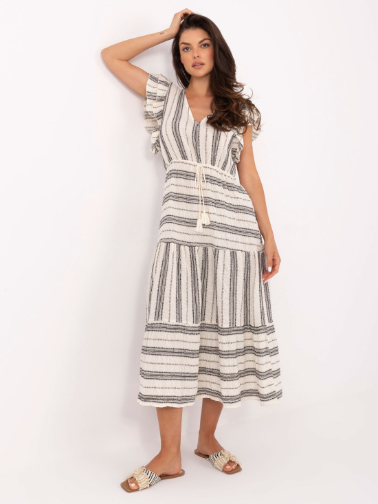 Weiß-schwarzes ausgestelltes Kleid mit V-Ausschnitt