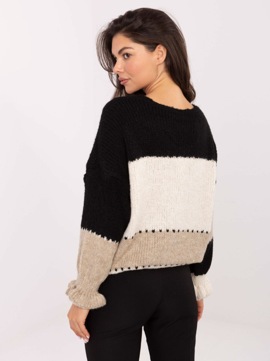 Schwarz-beiger gestreifter Cardigan mit Volant und V-Ausschnitt