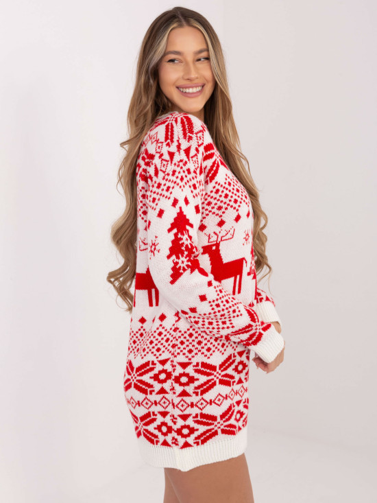 Langer Damenpullover mit Print, ecru