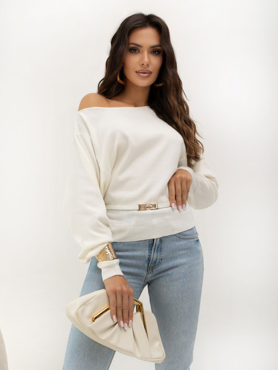 Eleganter Ecru-Pullover mit Gürtel