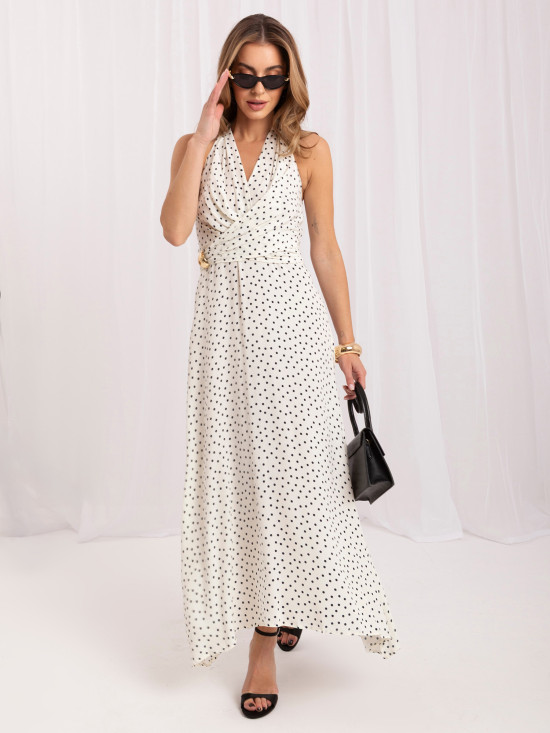 Weißes Maxi-Kleid mit blauen Punkten und Bindegürtel