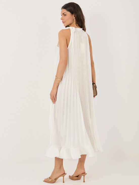 Elegantes Midi-Kleid mit Volant und Bindegürtel, ecru