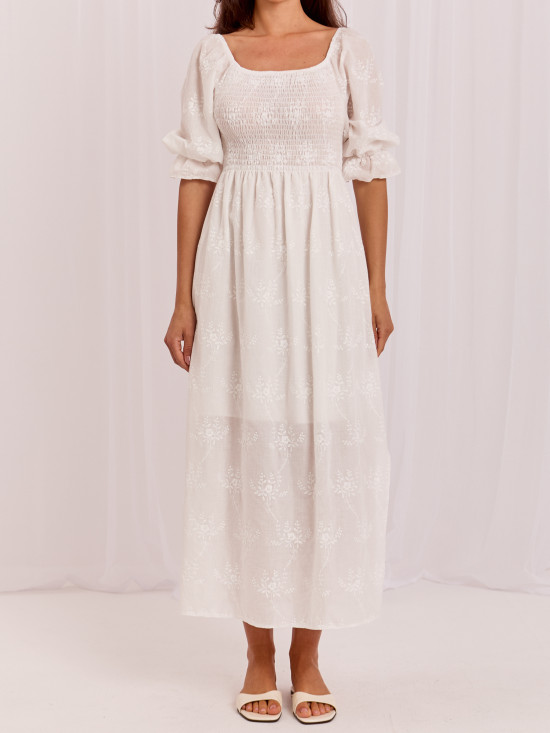 Baumwoll-Midikleid mit Stickerei und 3/4-Ärmeln