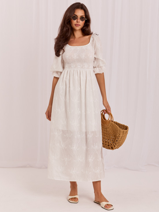 Baumwoll-Midikleid mit Stickerei und 3/4-Ärmeln