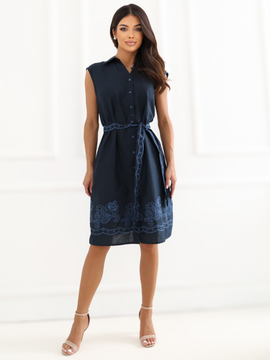 Blaues ausgestelltes Kleid mit Stickerei und Gürtel