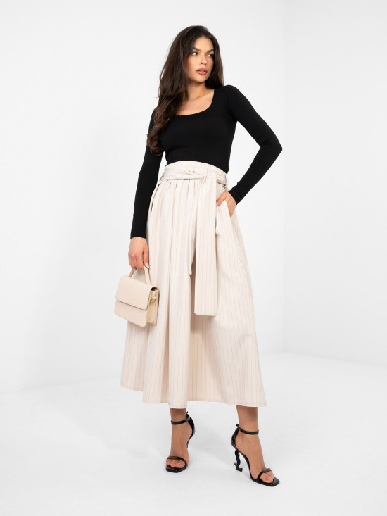 Beiger eleganter Midi-Rock mit Streifen und Bindegürtel