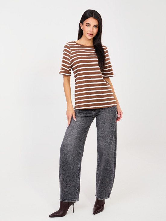 Beiges gestreiftes T-Shirt mit kurzen Ärmeln