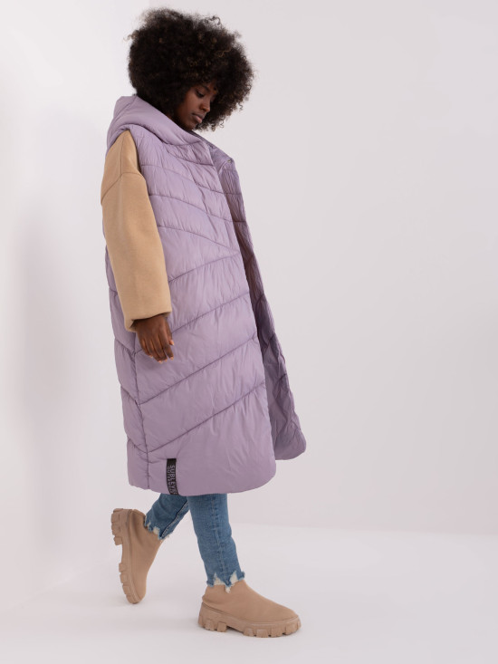 Lange, hellviolette Steppweste mit Kapuze