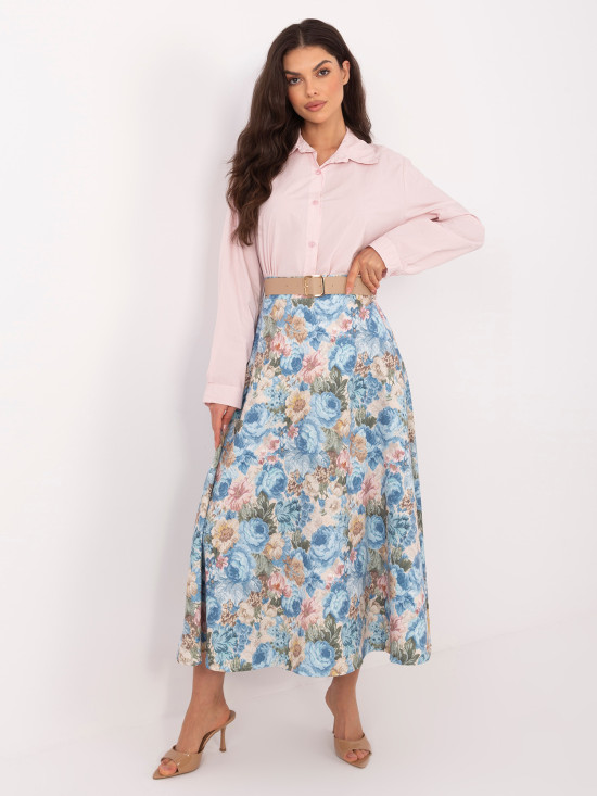 Eleganter Midirock mit Blumenmuster und Gürtel, blau