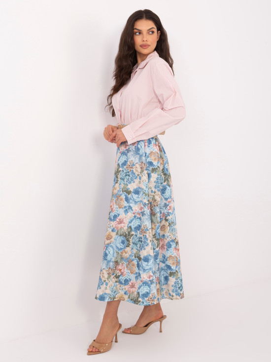 Eleganter Midirock mit Blumenmuster und Gürtel, blau