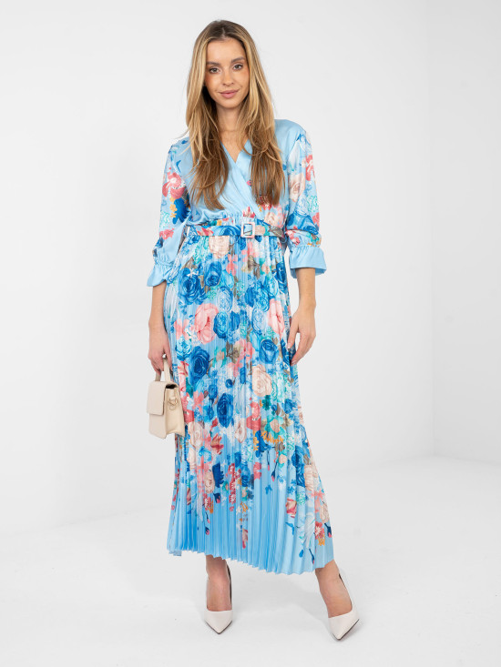 Maxikleid mit Blumenmuster und Gürtel, blau