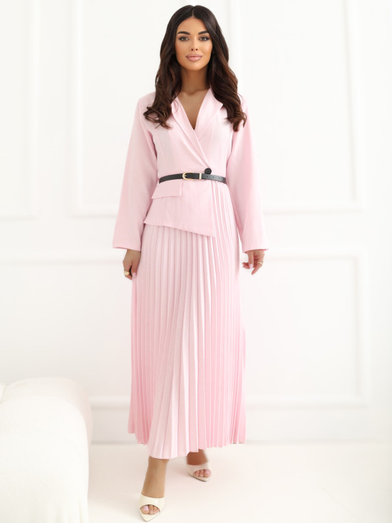 Elegantes ausgestelltes Midi-Kleid mit Gürtel und Kragen, rosa