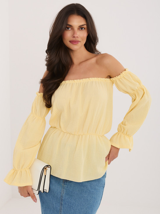 Gelbe Bluse mit Carmen-Ausschnitt und Puffärmeln