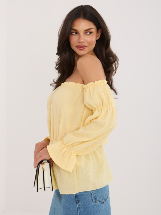 Gelbe Bluse mit Carmen-Ausschnitt und Puffärmeln