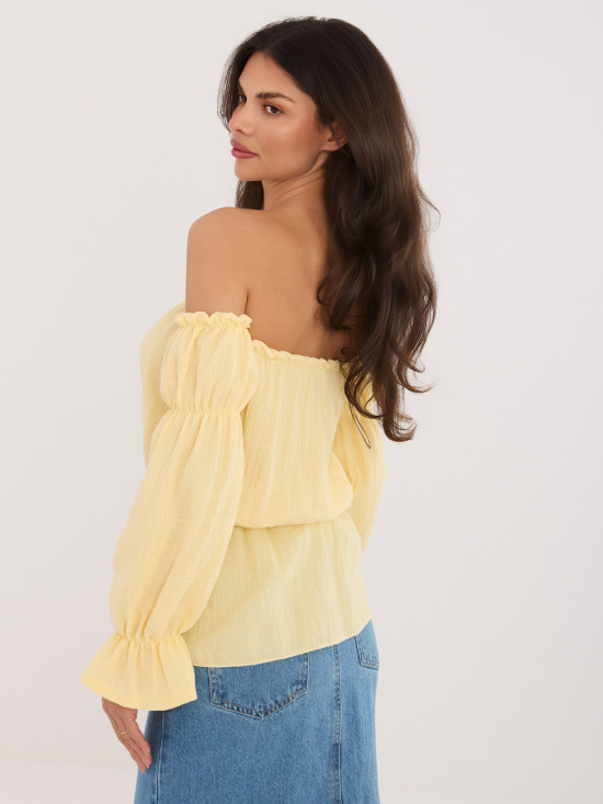 Gelbe Bluse mit Carmen-Ausschnitt und Puffärmeln