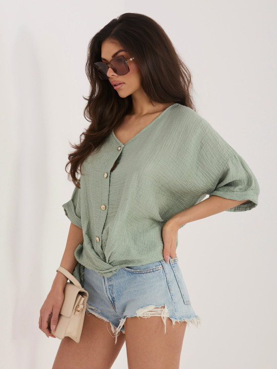 Moderne khakifarbene Bluse mit V-Ausschnitt und kurzen Ärmeln