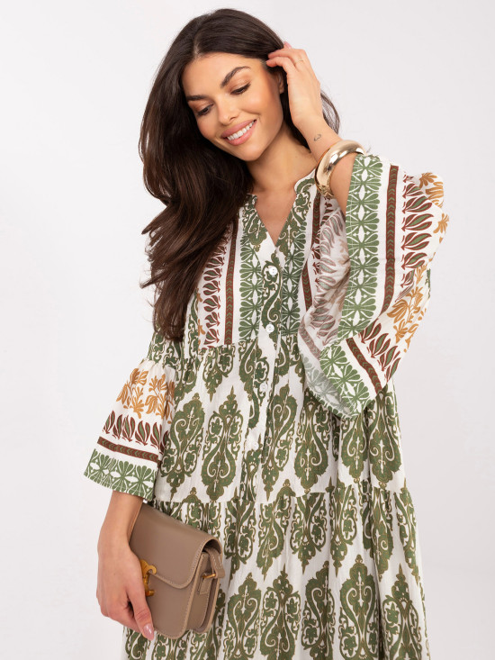 Khaki Maxi-Kleid mit Print und 3/4-Ärmeln