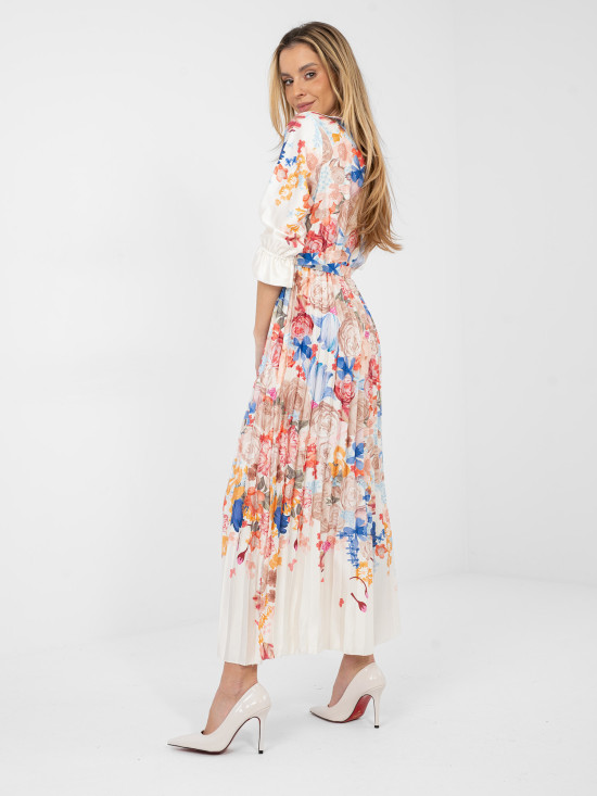 Ecru Maxi-Kleid mit Blumenmuster und Gürtel