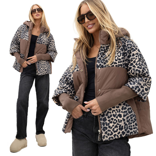 Braune Steppjacke mit Animal-Print und Kapuze