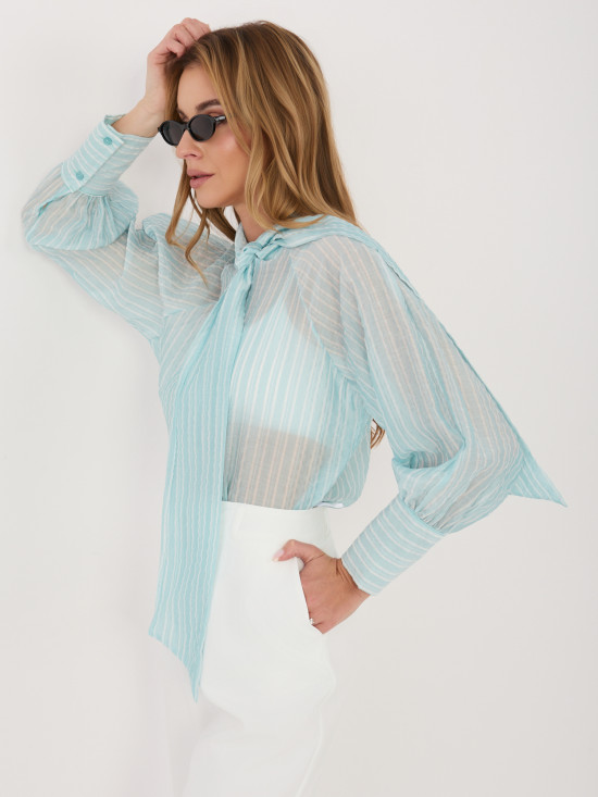 Mintgrünes gestreiftes Hemd mit Bindung und Puffärmeln
