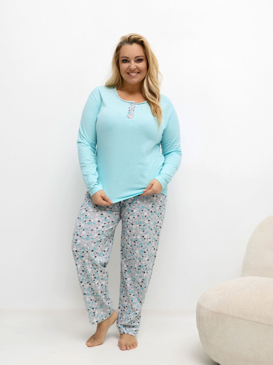 Damen-Baumwollpyjama mit Blumenmuster und Knöpfen, mintgrün