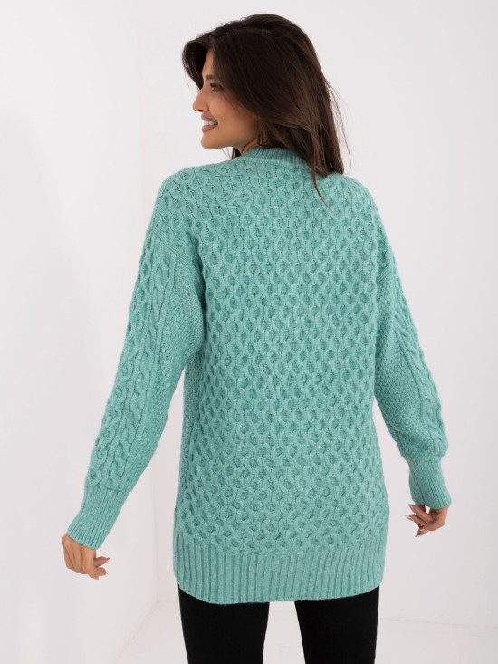 Langer mintgrüner Strickpullover mit Knöpfen und Struktur