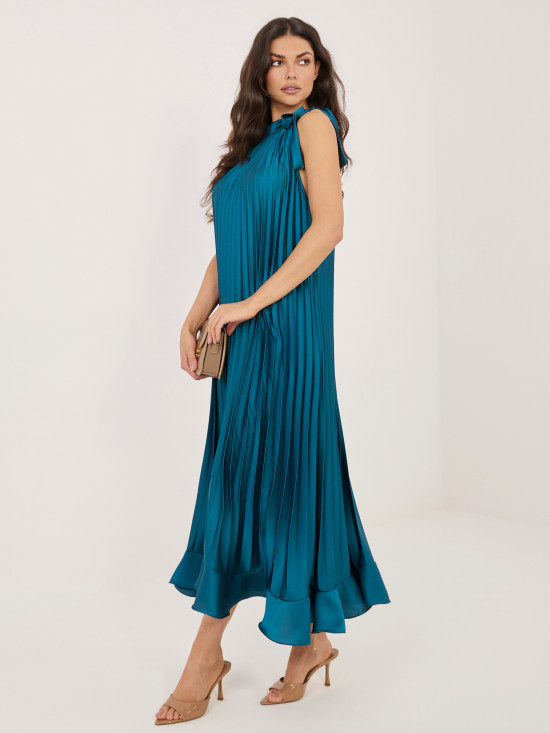 Blaues Cocktail-Midikleid mit Bindegürtel und Volant