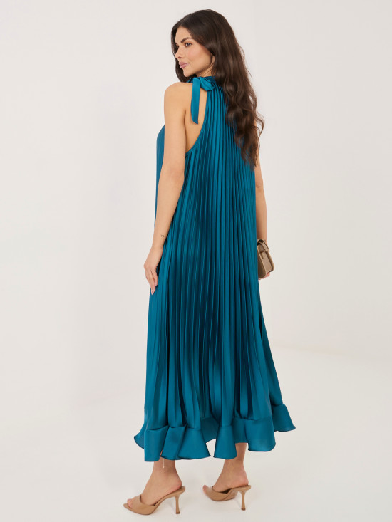 Blaues Cocktail-Midikleid mit Bindegürtel und Volant