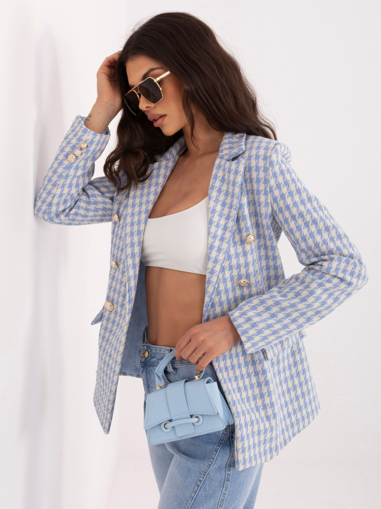 Blauer Blazer mit Hahnentrittmuster und Futter