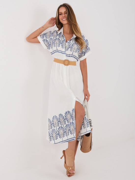 Weiß-blaues Hemdblusenkleid mit Stickerei und Gürtel, midi