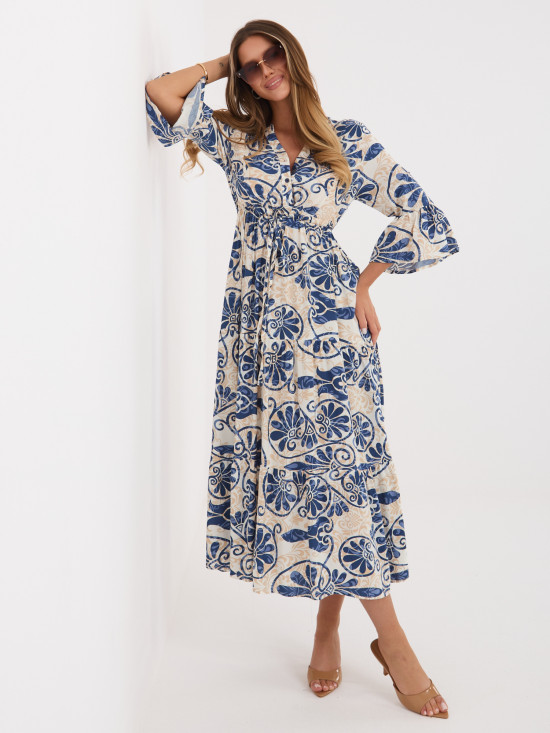 Blaues Midi-Kleid mit Print und Bindegürtel