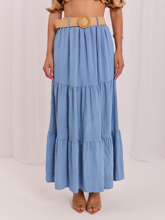 Maxi-Boho-Rock mit Gürtel und Volant, blau