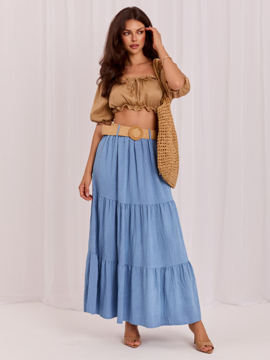 Maxi-Boho-Rock mit Gürtel und Volant, blau