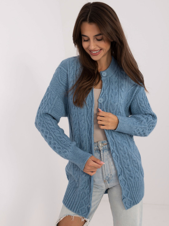 Langer blauer Strickcardigan mit Knöpfen und Strukturmuster