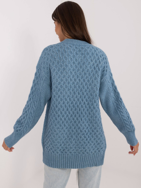 Langer blauer Strickcardigan mit Knöpfen und Strukturmuster