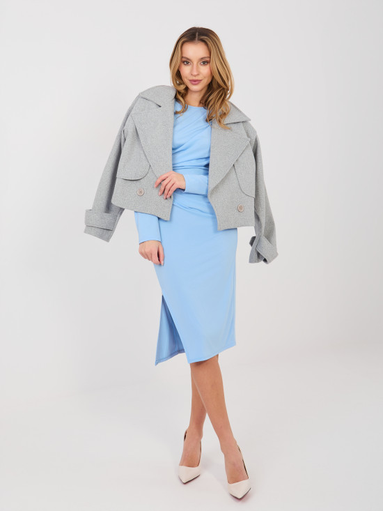 Elegantes blaues Midi-Etuikleid mit langen Ärmeln