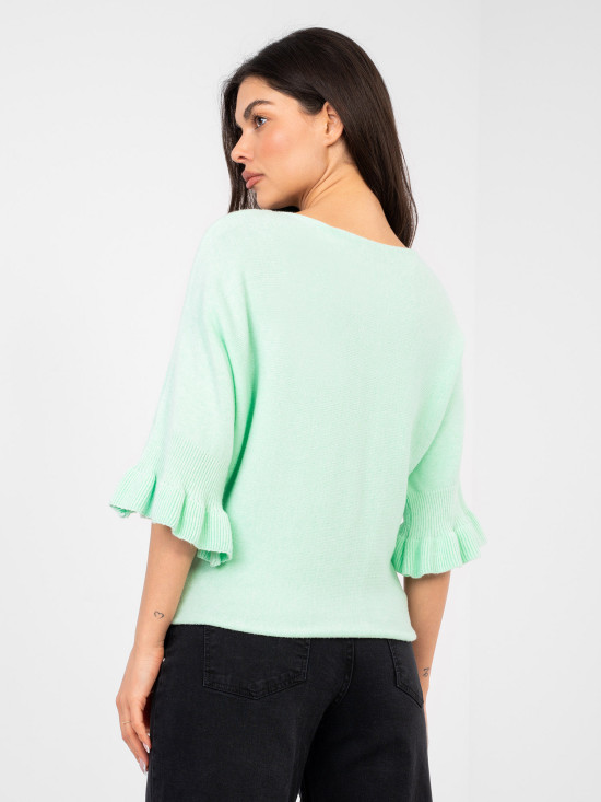 Eleganter mintfarbener Pullover mit 3/4-Ärmeln und Volant