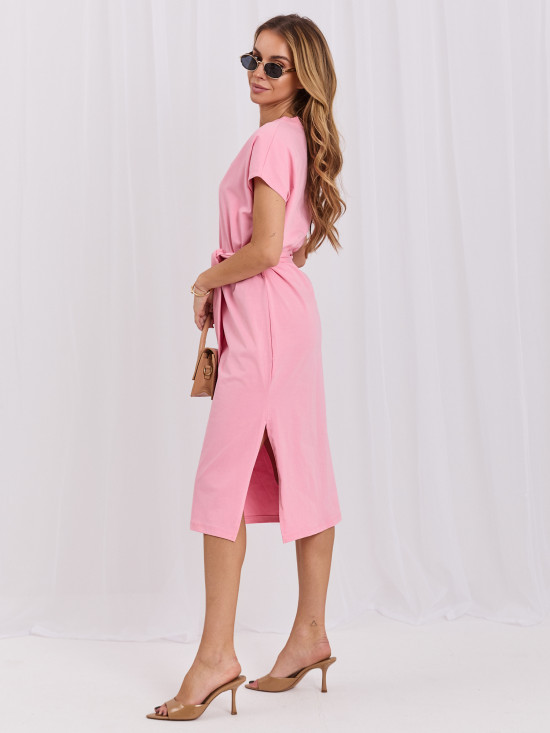 Rosa Baumwoll-Midikleid mit Gürtel