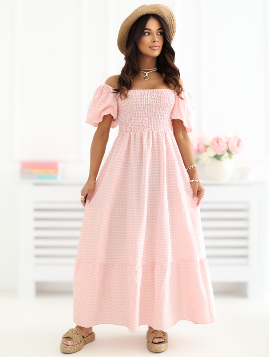 Oranges Midi-Kleid mit Volant und Karomuster